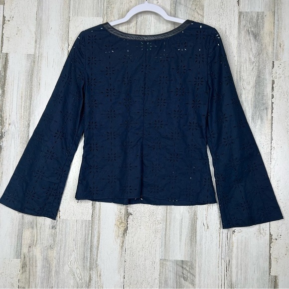 TIBI Navy Blue Eyelet Blouse Size 4 Leather Trim Neck Bow Details - Picture 12 of 12